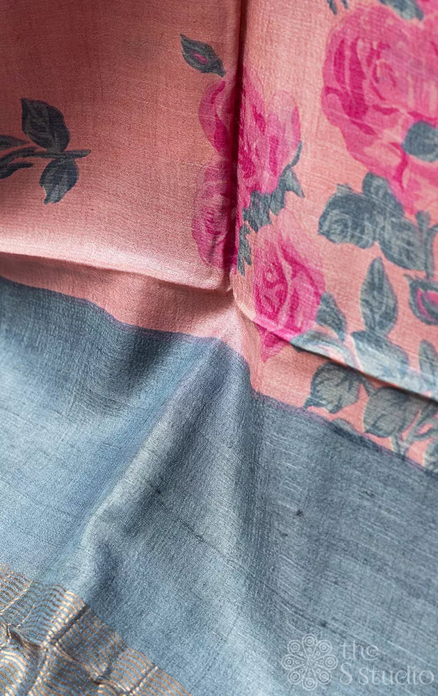 Light pink tussar silk saree with pink and grey prints