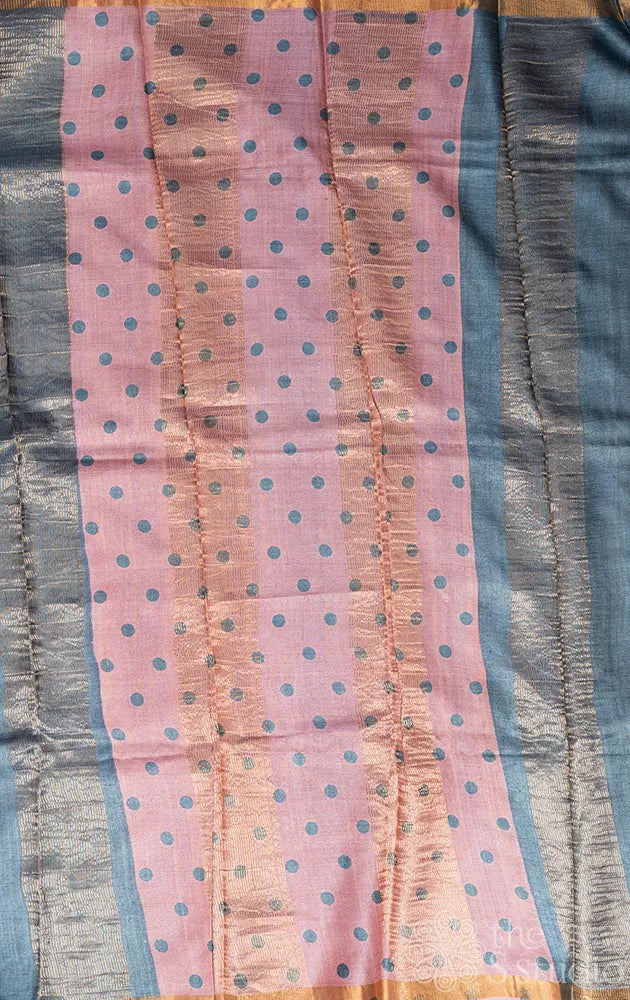 Light pink tussar silk saree with pink and grey prints