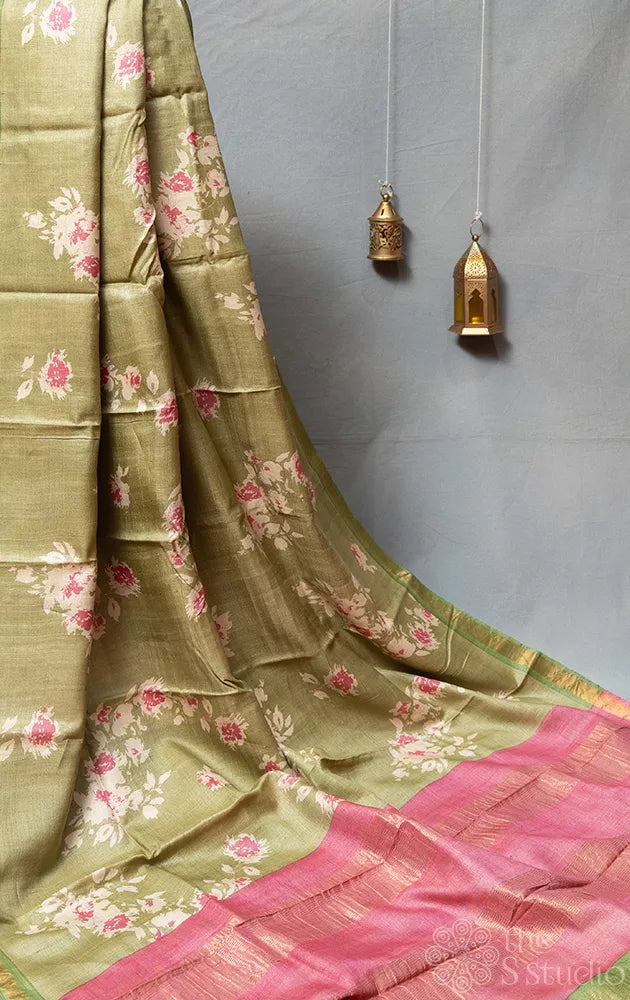 Elachi green tussar silk saree with floral prints