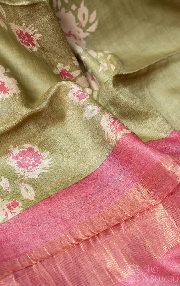 Elachi green tussar silk saree with floral prints