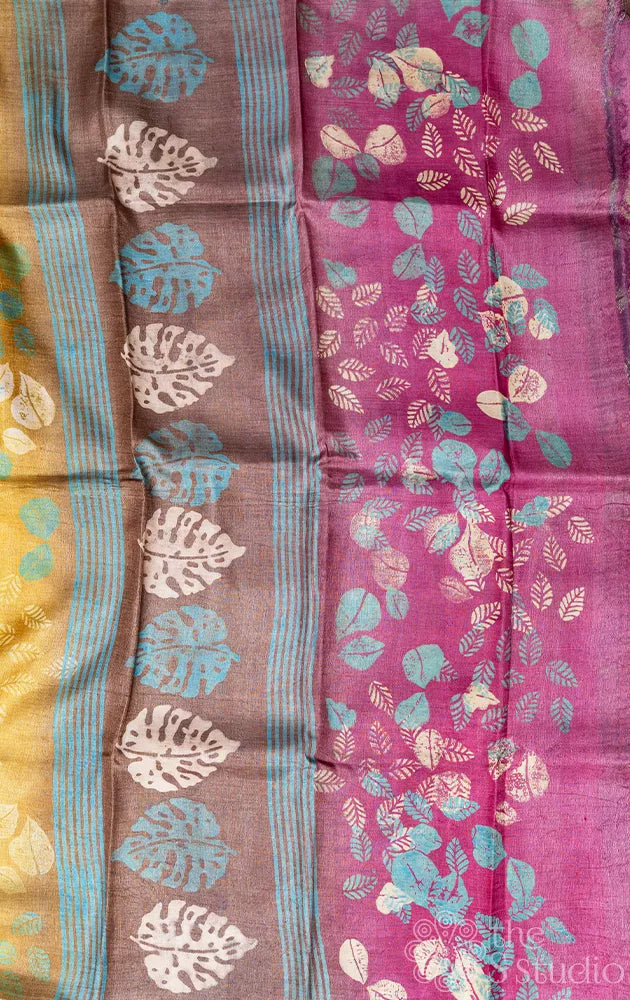 Brown and pink shaded tussar silk saree with leaf prints