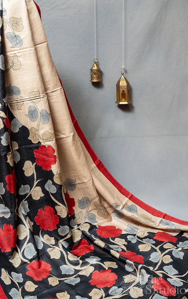 Beige with red handpainted tussar silk saree