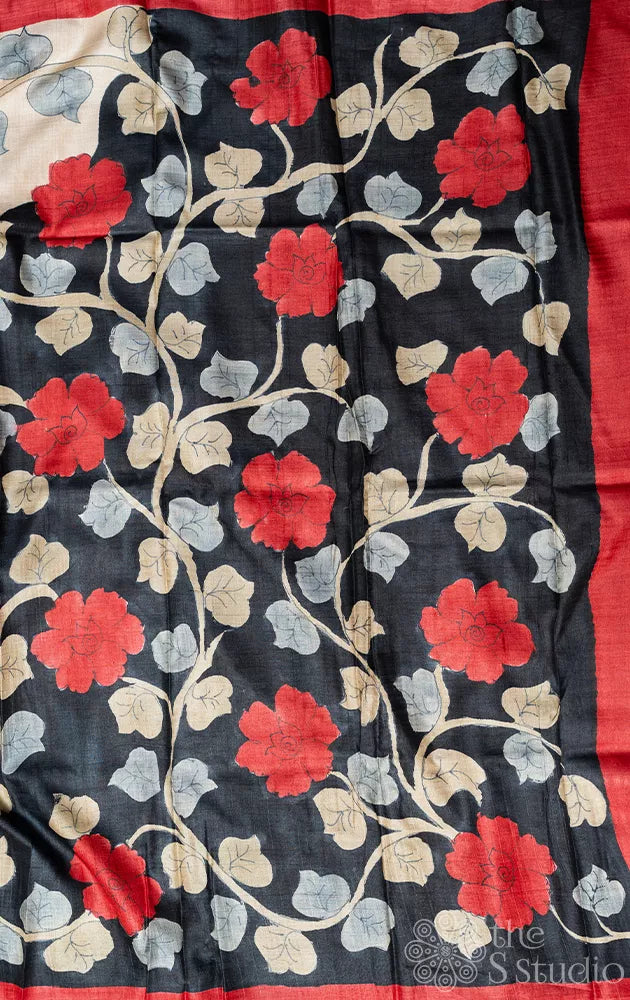 Beige with red handpainted tussar silk saree