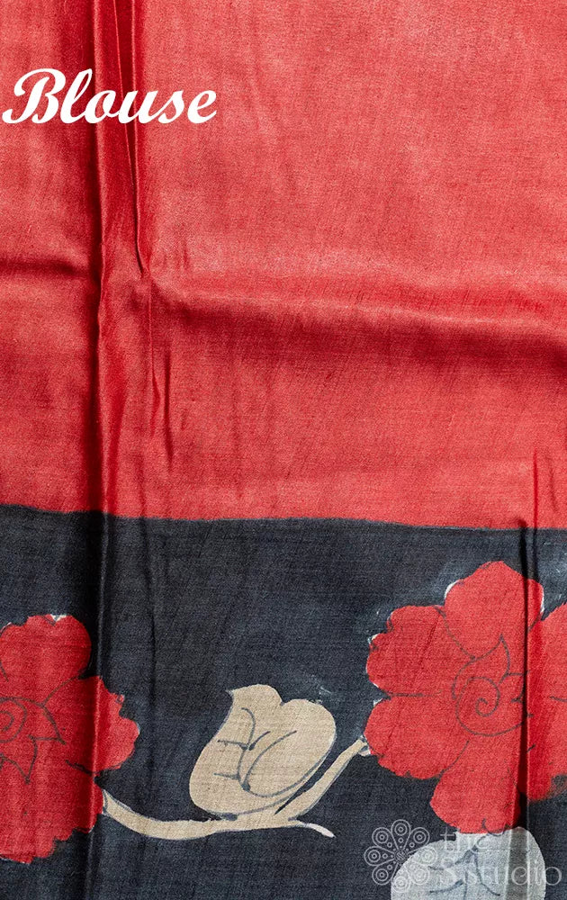 Beige with red handpainted tussar silk saree