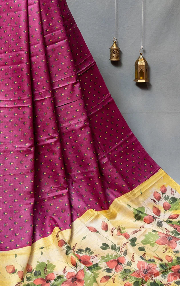 Purple tussar silk saree with hand painted pallu