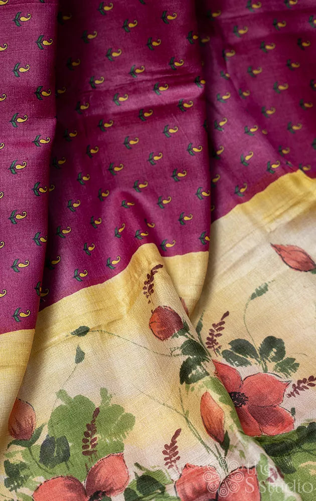 Purple tussar silk saree with hand painted pallu