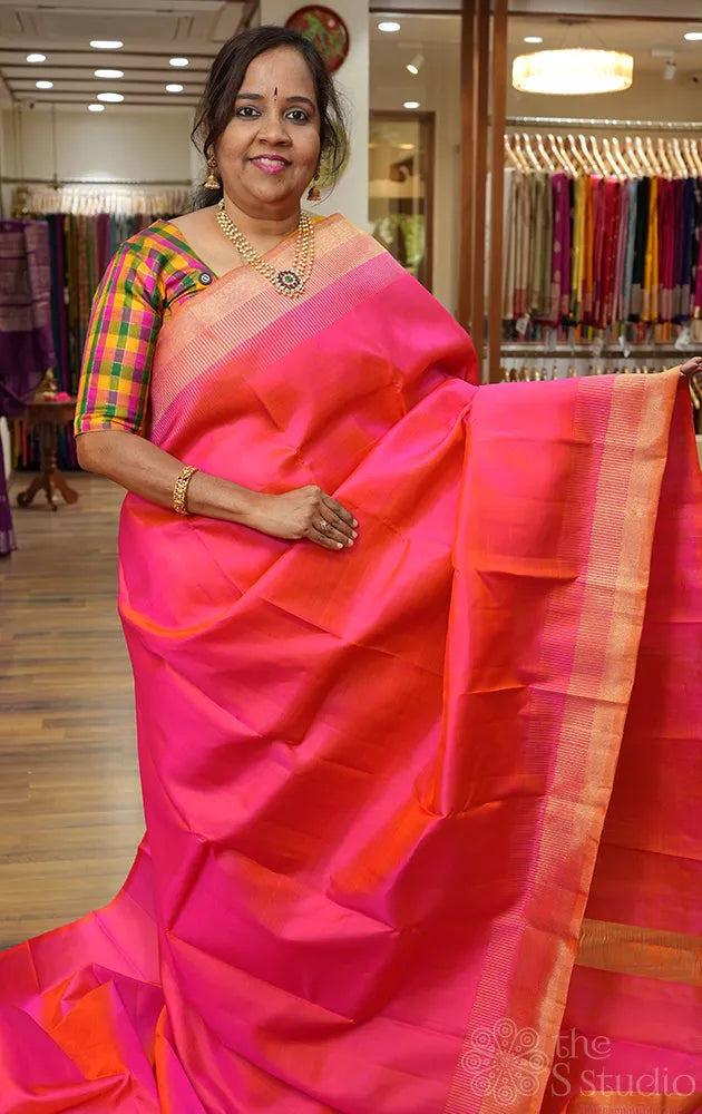 Peach colour kanchi pattu saree with 8 kol seepu reku border