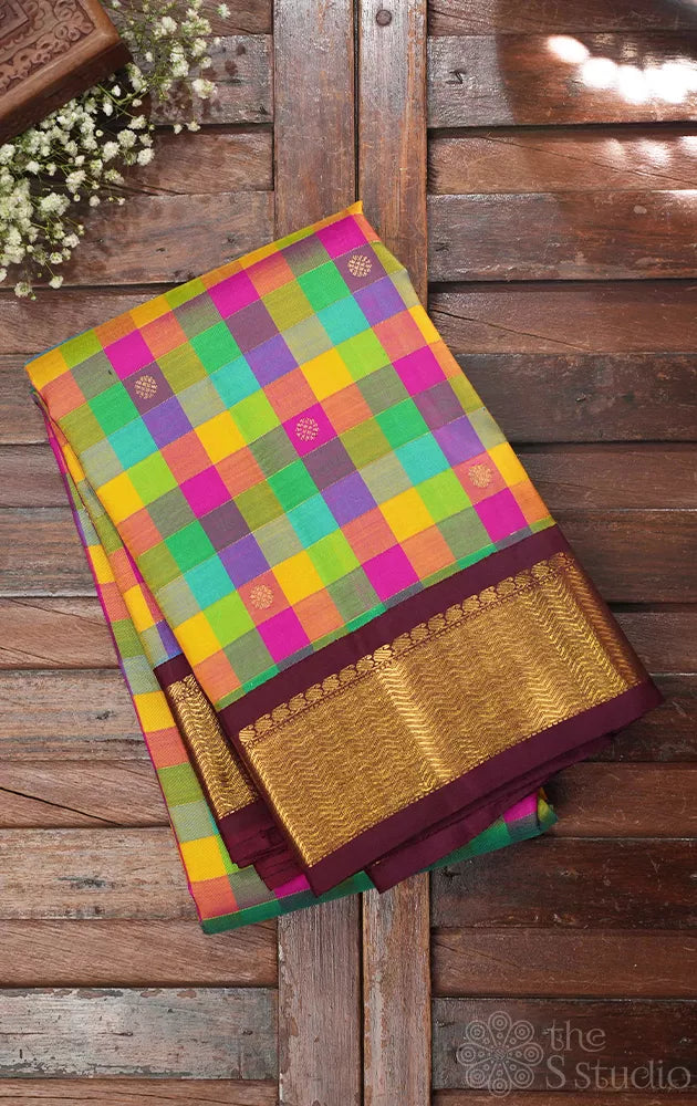 Multicolour checks kanchipuram silk saree with korvai brown border