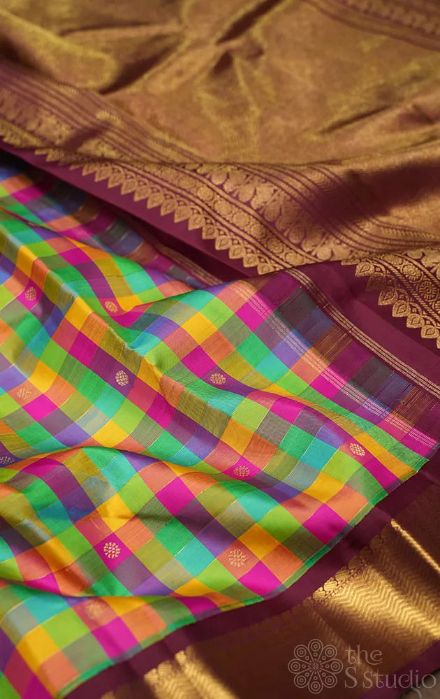 Multicolour checks kanchipuram silk saree with korvai brown border