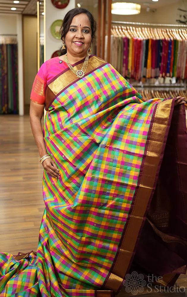 Multicolour checks kanchipuram silk saree with korvai brown border