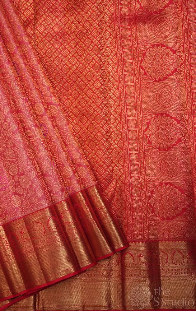 Peach bridal kanchi silk saree with jacquard weaving and red border