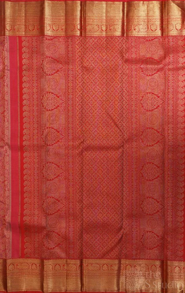 Peach bridal kanchi silk saree with jacquard weaving and red border