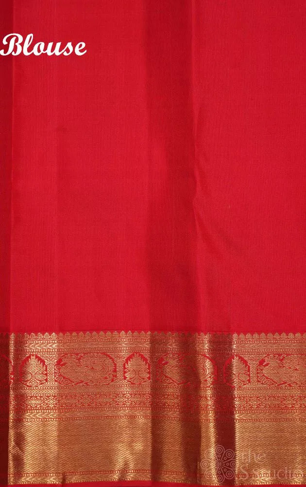 Peach bridal kanchi silk saree with jacquard weaving and red border