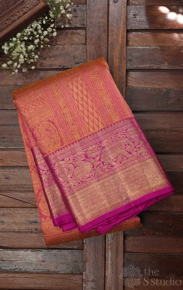Mustard jacquard woven bridal kanchipuram silk saree with rani pink border