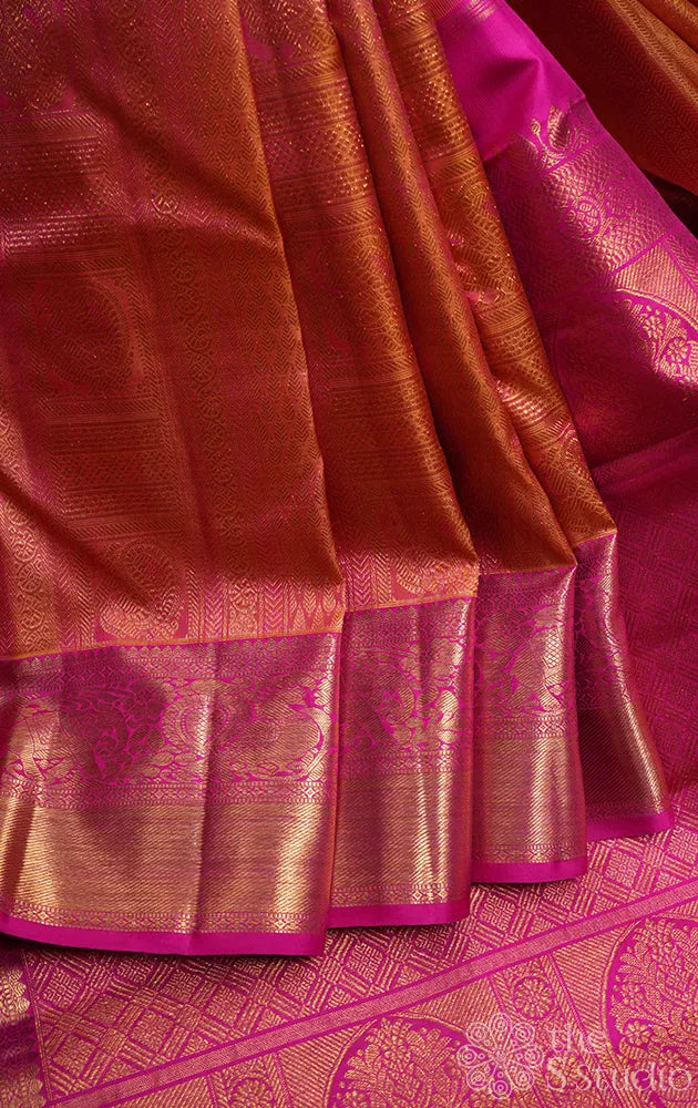 Mustard jacquard woven bridal kanchipuram silk saree with rani pink border