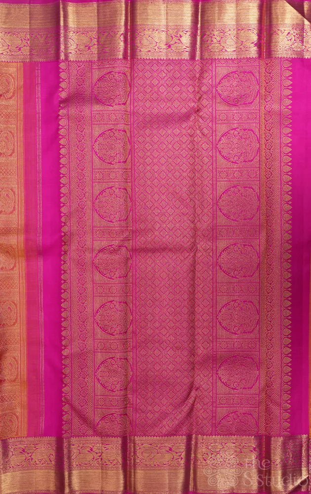 Mustard jacquard woven bridal kanchipuram silk saree with rani pink border