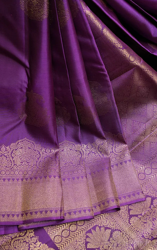 Violet bridal kanchi silk saree with zari border