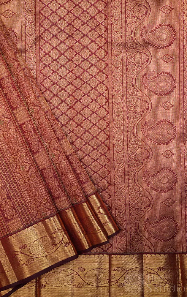 Dark arakku colour kanjivaram silk saree with floral zari border