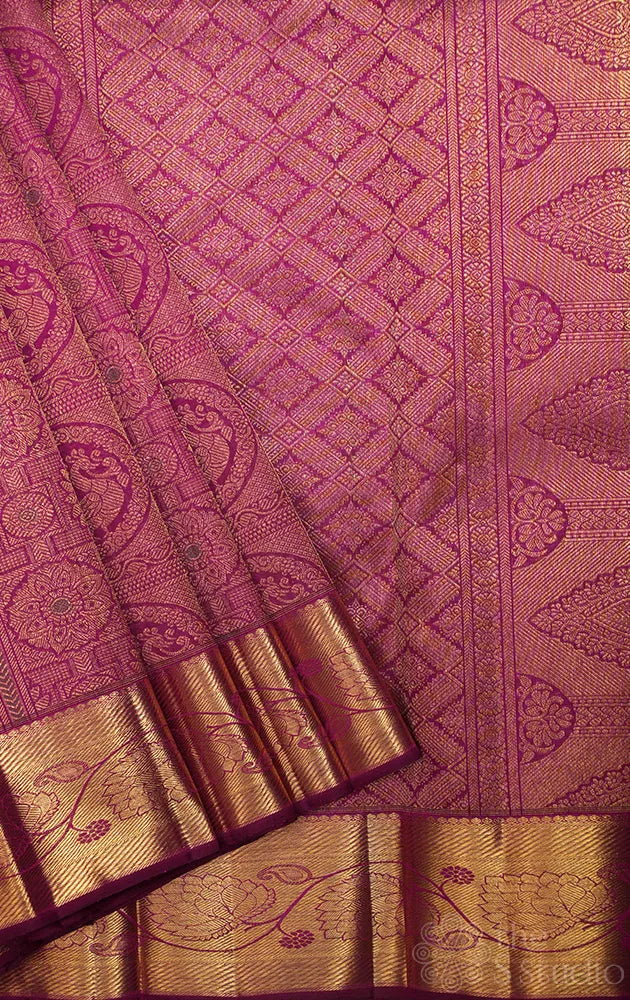 Purple zari buttas kanchi silk saree with self border
