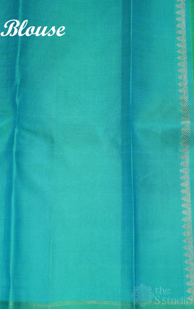 Royal blue kanchi pattu saree with paisley motifs and sea green pallu
