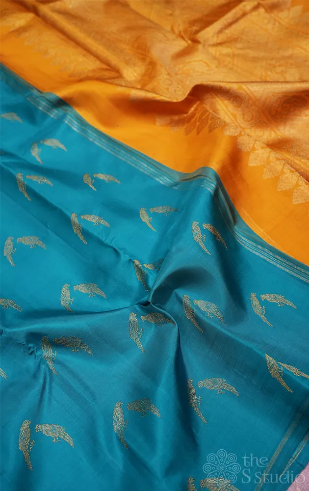 Rama blue kanjivaram silk saree with mustard pallu
