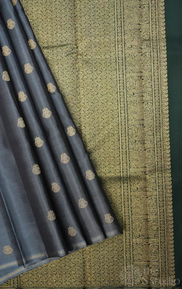 Steel grey kanchi silk saree with bottle green pallu