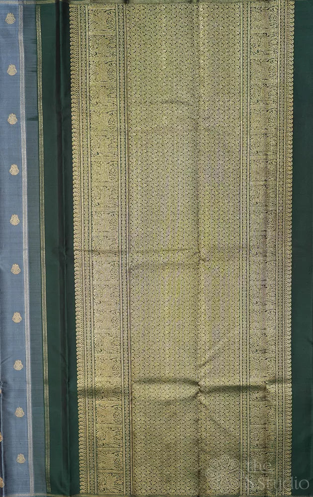 Steel grey kanchi silk saree with bottle green pallu