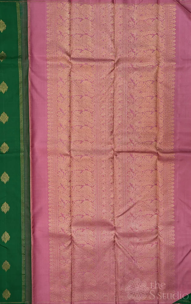 Green borderless kanjivaram silk saree with onion pink pallu