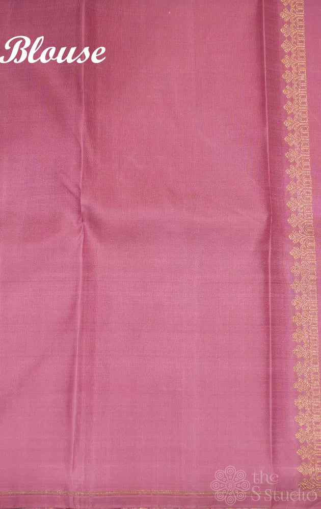 Green borderless kanjivaram silk saree with onion pink pallu