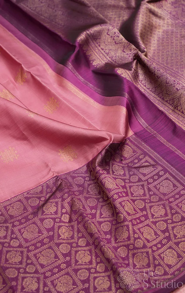 Onion pink kanjivaram silk saree with korvai purple border