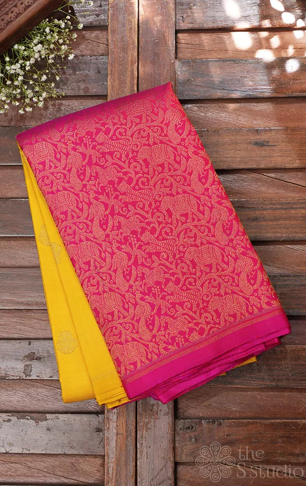 Yellow kanchipuram silk saree with vanasingharam border