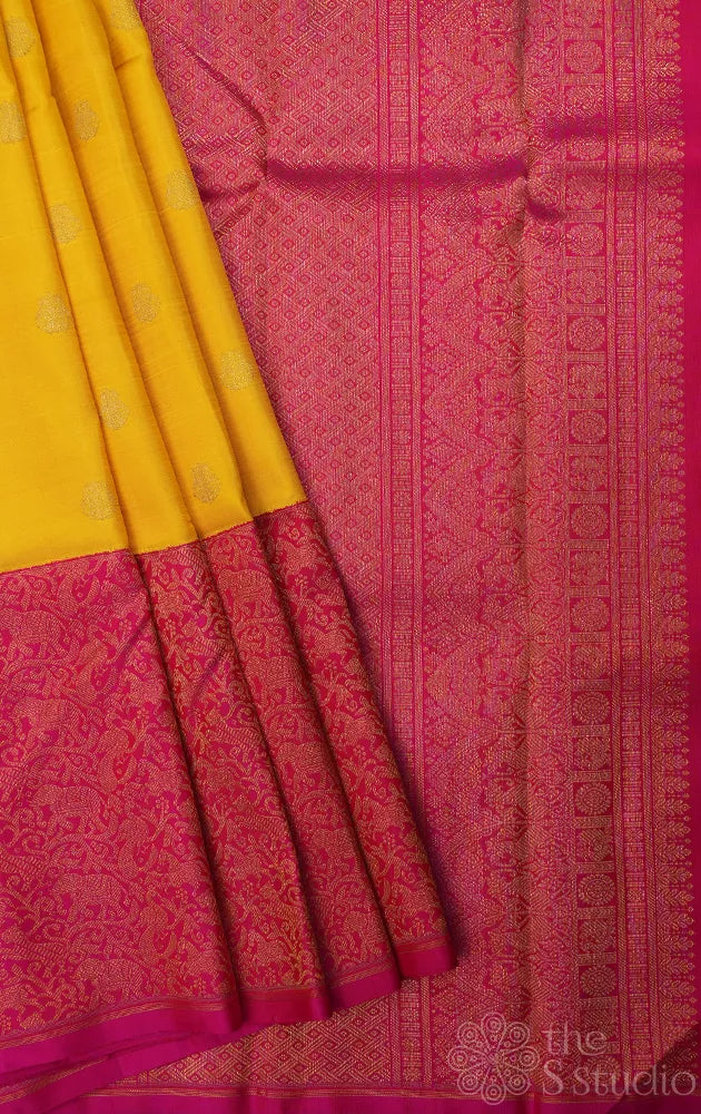 Yellow kanchipuram silk saree with vanasingharam border