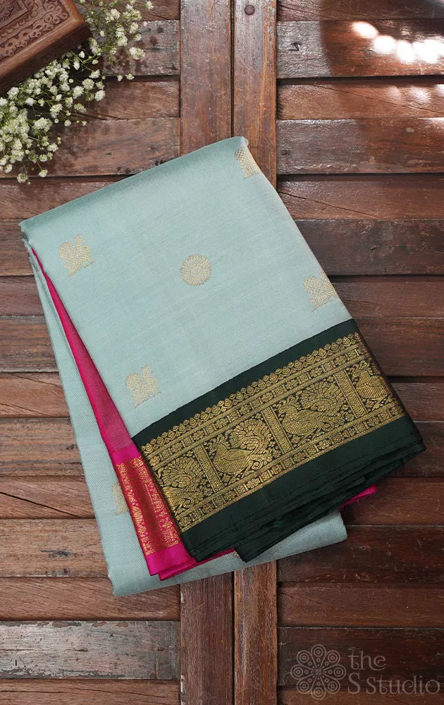 Grey kanjivaram silk saree with ganga jamuna korvai borders