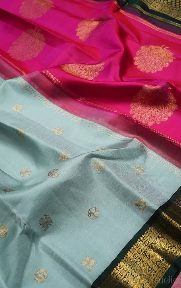 Grey kanjivaram silk saree with ganga jamuna korvai borders