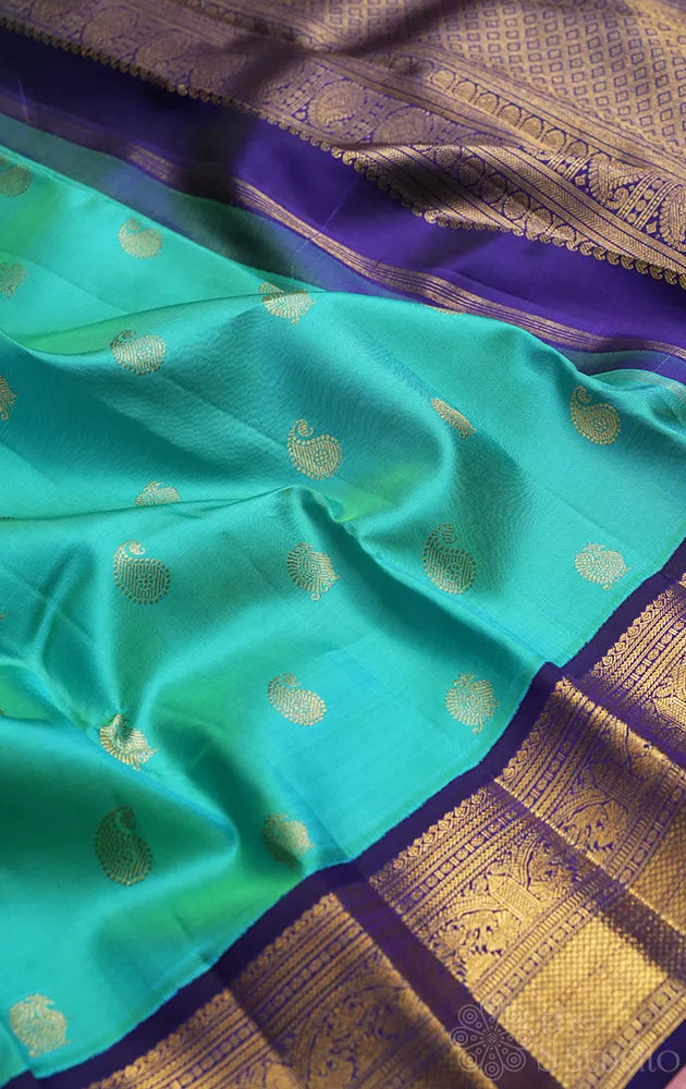 Sea green kanchi silk saree with korvai navy blue border