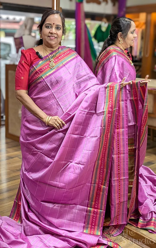 Lavender traditional adai woven kanjivaram silk with veldhari lines