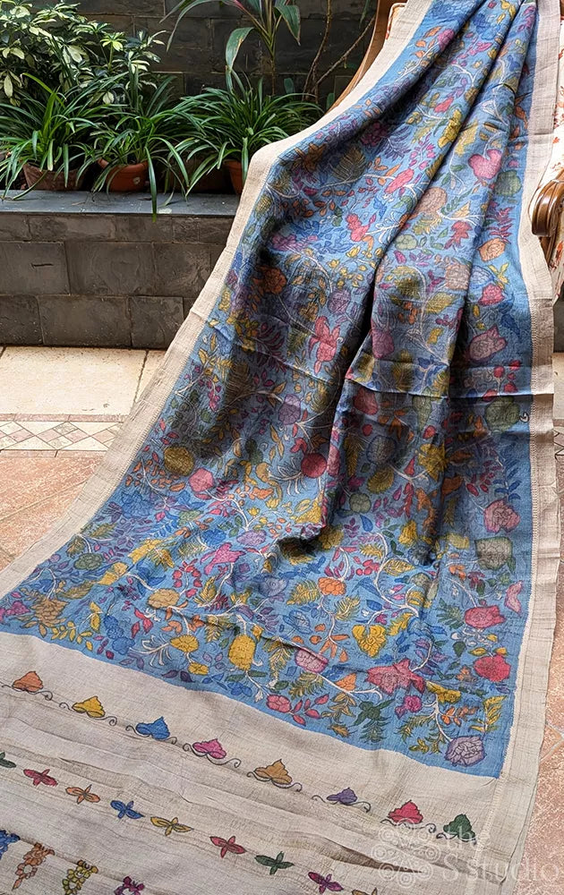 Blue hand painted kalamkari tussar silk saree