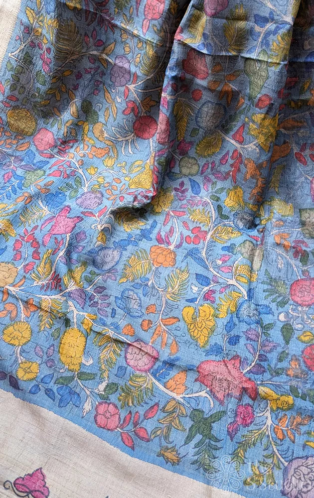 Blue hand painted kalamkari tussar silk saree