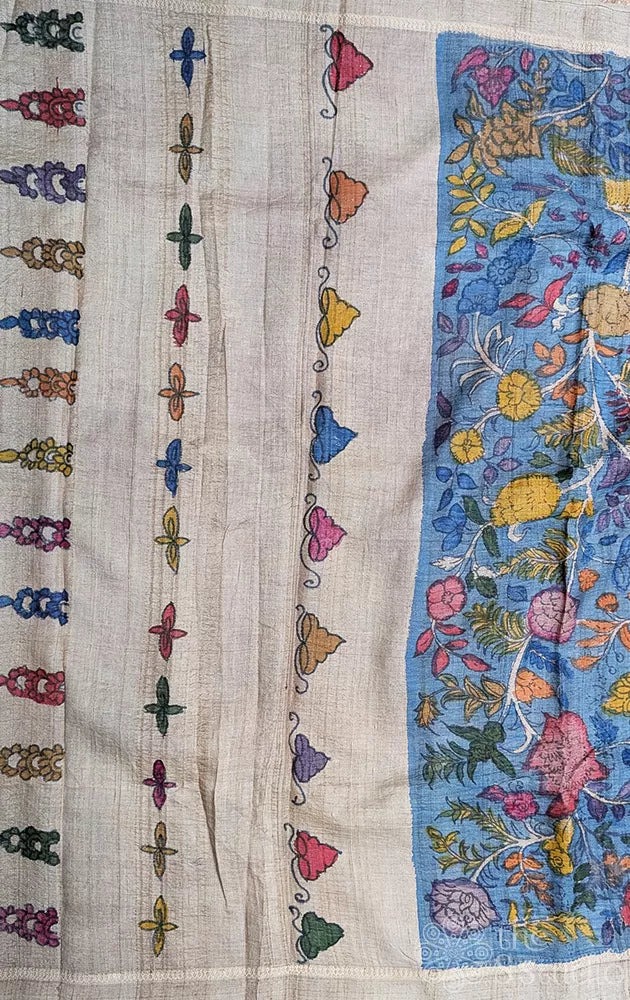 Blue hand painted kalamkari tussar silk saree