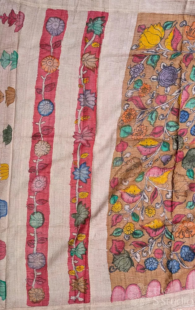 Sand brown colour hand painted kalamkari tussar silk saree
