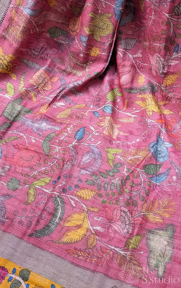 Dark pink hand painted kalamkari tussar silk saree