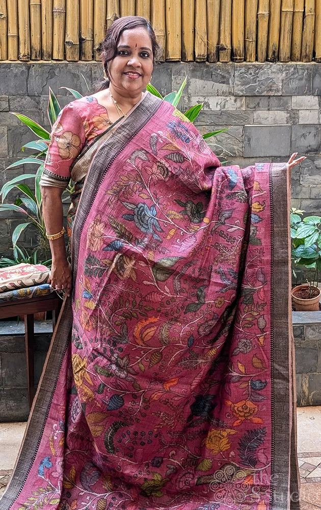 Dark pink hand painted kalamkari tussar silk saree