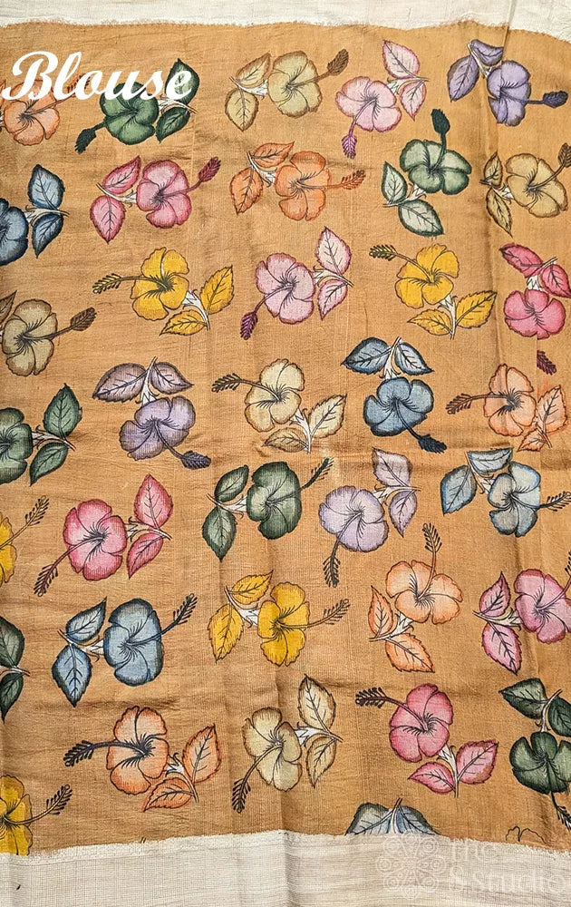 Blue hand painted kalamkari handloom tussar silk saree