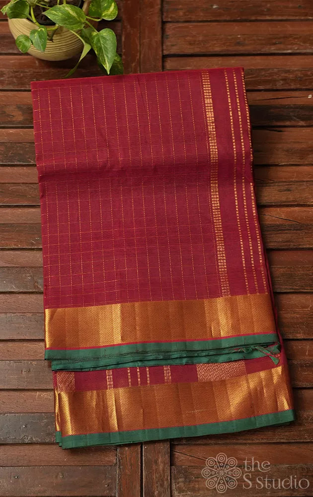 Brown zari checked ten yards silk cotton saree with green selvedge