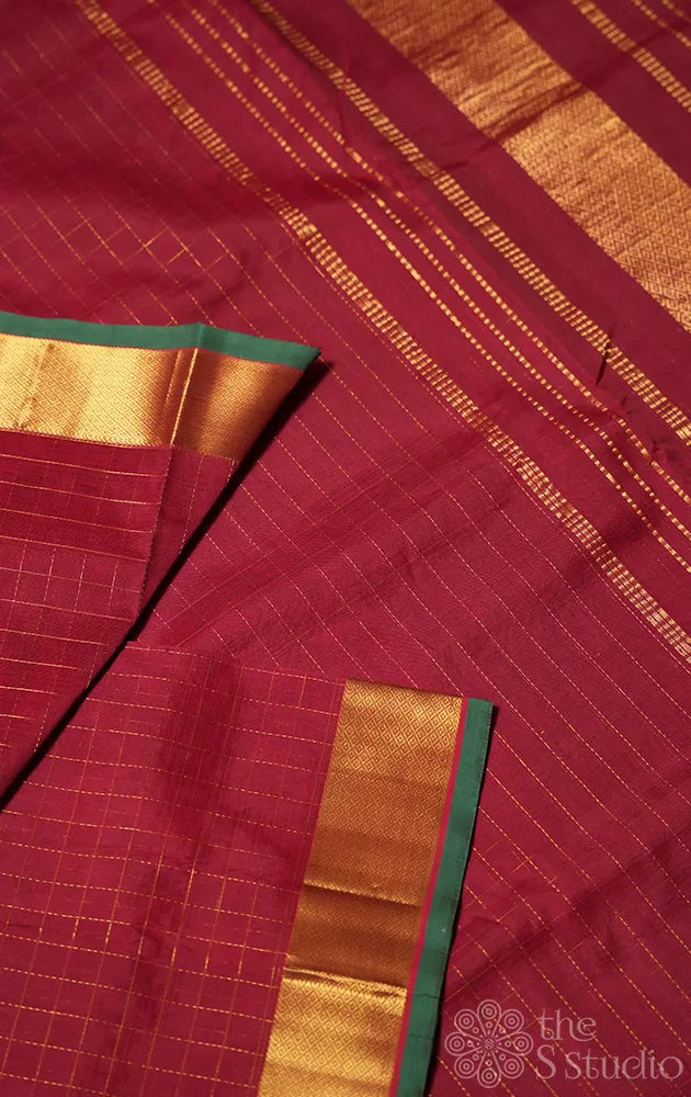 Brown zari checked ten yards silk cotton saree with green selvedge