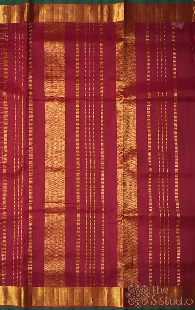 Brown zari checked ten yards silk cotton saree with green selvedge