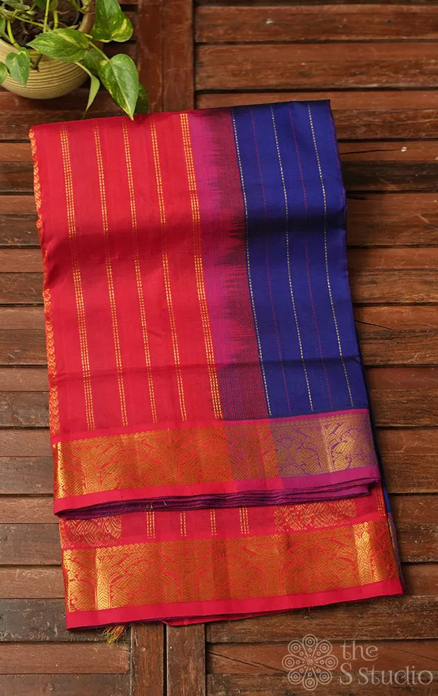 Royal blue ten yards silk cotton saree with red pallu