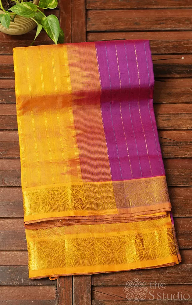 Magenta ten yards silk cotton saree with mustard pallu