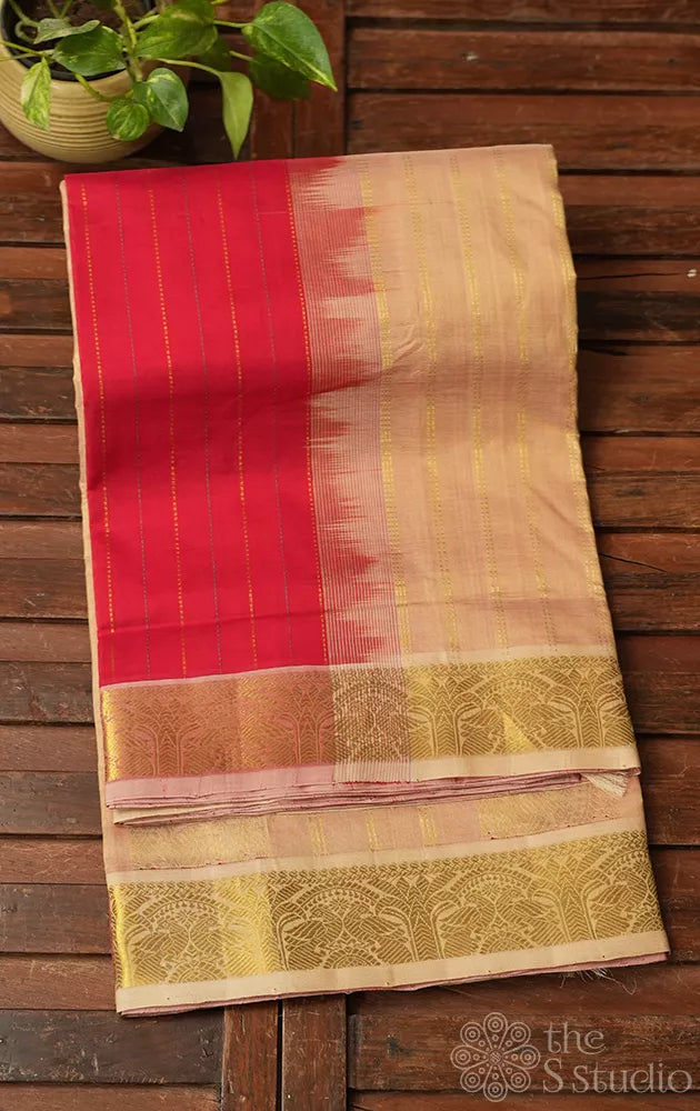 Red ten yards silk cotton saree with beige pallu