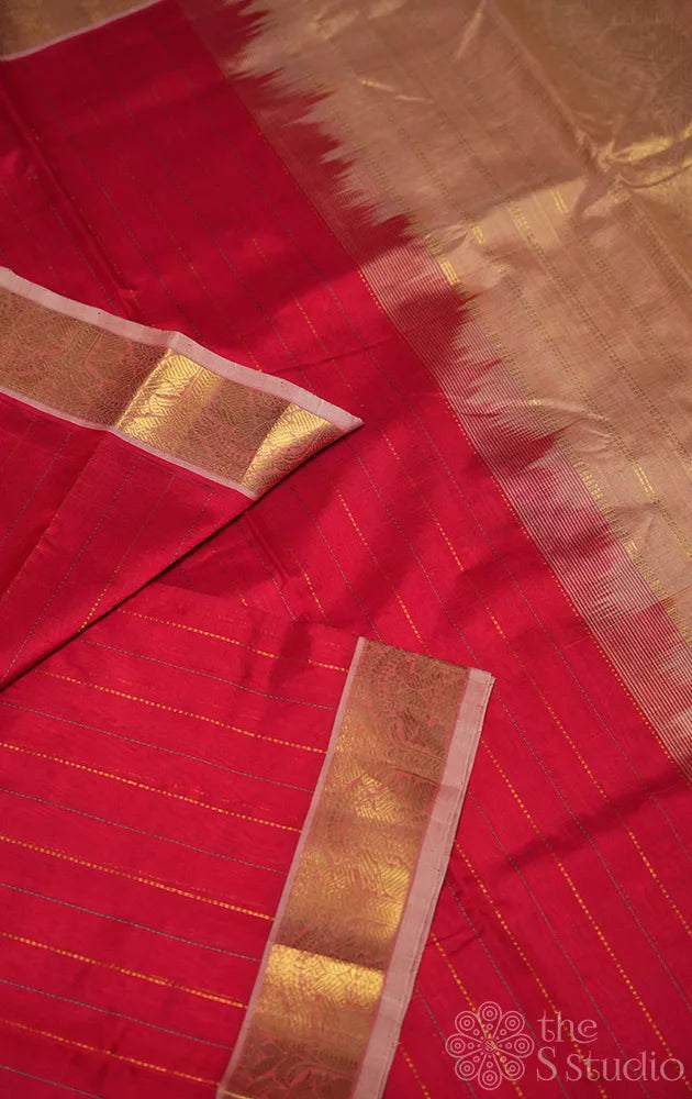 Red ten yards silk cotton saree with beige pallu